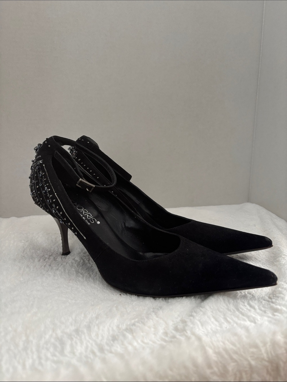 Black Beaded Ankle-Strap Pointed-Toe Pumps